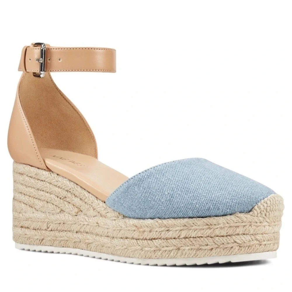 Nine West Ariel 3 Blue Denim Espadrille Wedge Platforms Sandals Women's Size 8M